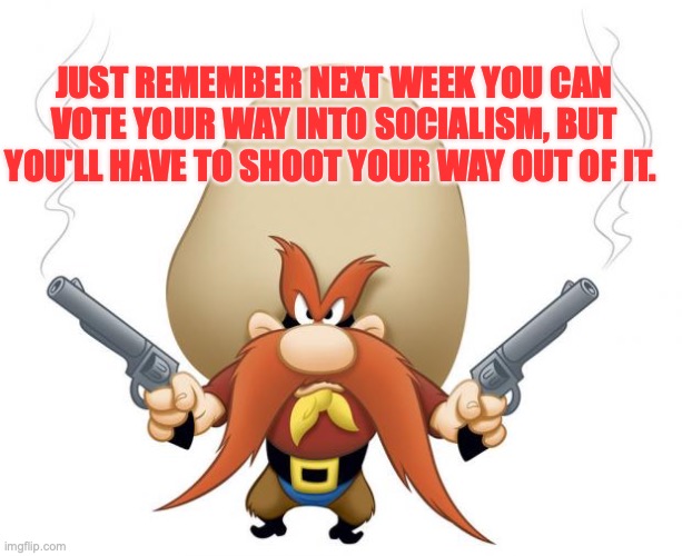 Yosemite Sam | JUST REMEMBER NEXT WEEK YOU CAN VOTE YOUR WAY INTO SOCIALISM, BUT YOU'LL HAVE TO SHOOT YOUR WAY OUT OF IT. | image tagged in yosemite sam | made w/ Imgflip meme maker