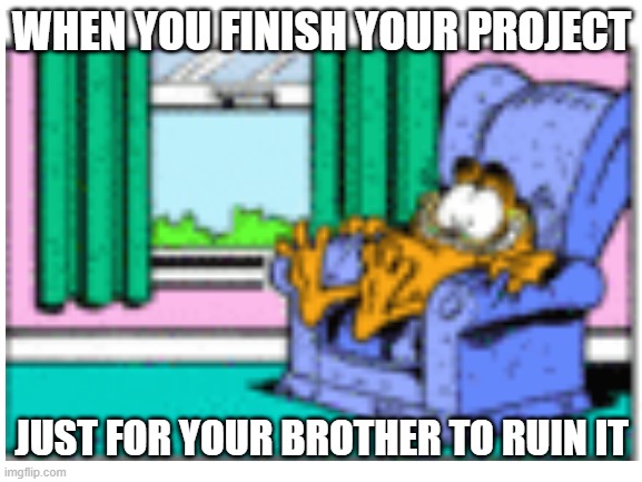 Does this ever happen to you? | WHEN YOU FINISH YOUR PROJECT; JUST FOR YOUR BROTHER TO RUIN IT | image tagged in garfield | made w/ Imgflip meme maker