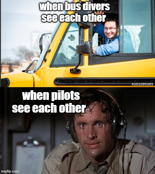 when pilots see each other | when bus divers see each other; when pilots see each other | image tagged in pilot sweating,bus driver | made w/ Imgflip meme maker