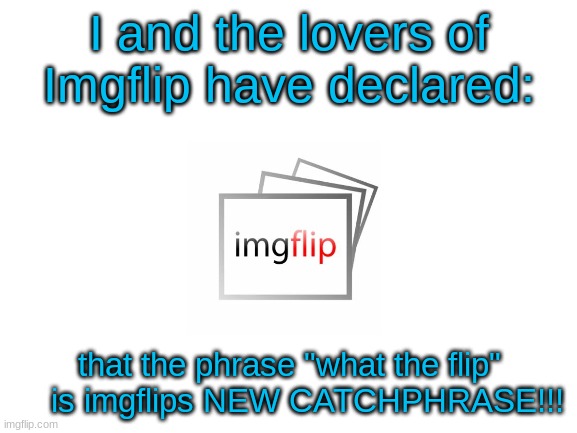 The gods of imgflip have SPOKEN!!! | I and the lovers of Imgflip have declared:; that the phrase "what the flip"     is imgflips NEW CATCHPHRASE!!! | image tagged in blank white template | made w/ Imgflip meme maker