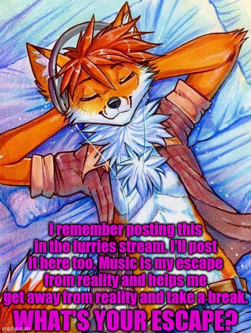 What's your escape? | I remember posting this in the furries stream. I'll post it here too. Music is my escape from reality and helps me get away from reality and take a break. WHAT'S YOUR ESCAPE? | made w/ Imgflip meme maker