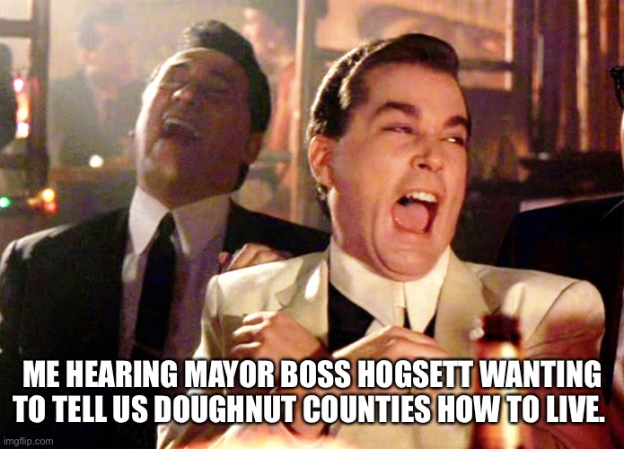 Good Fellas Hilarious | ME HEARING MAYOR BOSS HOGSETT WANTING TO TELL US DOUGHNUT COUNTIES HOW TO LIVE. | image tagged in memes,good fellas hilarious | made w/ Imgflip meme maker