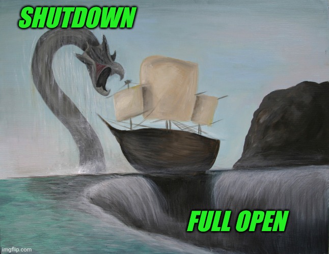 Find the Middle Path | SHUTDOWN; FULL OPEN | image tagged in scylla and charybdis | made w/ Imgflip meme maker