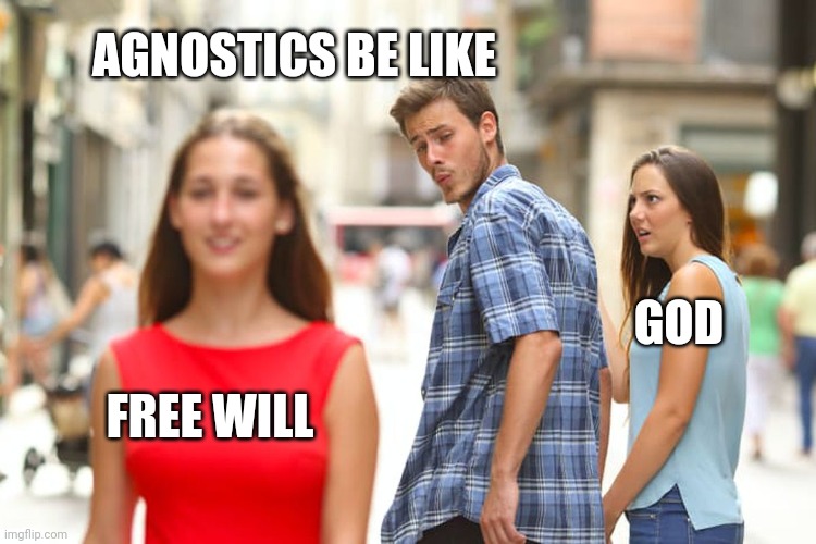 Distracted Boyfriend | AGNOSTICS BE LIKE; GOD; FREE WILL | image tagged in memes,distracted boyfriend | made w/ Imgflip meme maker