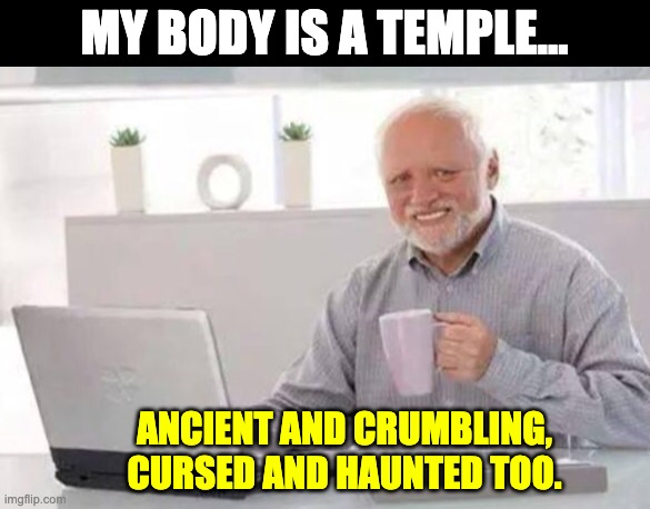 Old age | MY BODY IS A TEMPLE... ANCIENT AND CRUMBLING, CURSED AND HAUNTED TOO. | image tagged in harold | made w/ Imgflip meme maker