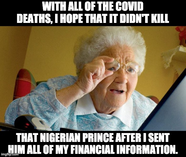 Nigerian Prince | WITH ALL OF THE COVID DEATHS, I HOPE THAT IT DIDN'T KILL; THAT NIGERIAN PRINCE AFTER I SENT HIM ALL OF MY FINANCIAL INFORMATION. | image tagged in grandma computer | made w/ Imgflip meme maker