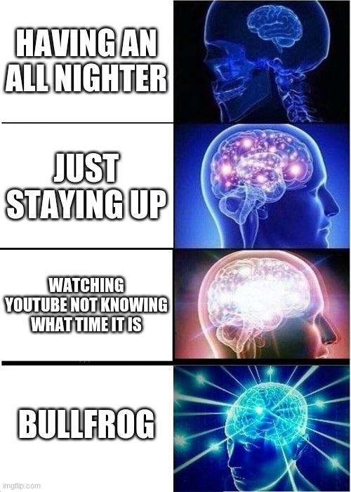 Expanding Brain | HAVING AN ALL NIGHTER; JUST STAYING UP; WATCHING YOUTUBE NOT KNOWING WHAT TIME IT IS; BULLFROG | image tagged in memes,expanding brain | made w/ Imgflip meme maker
