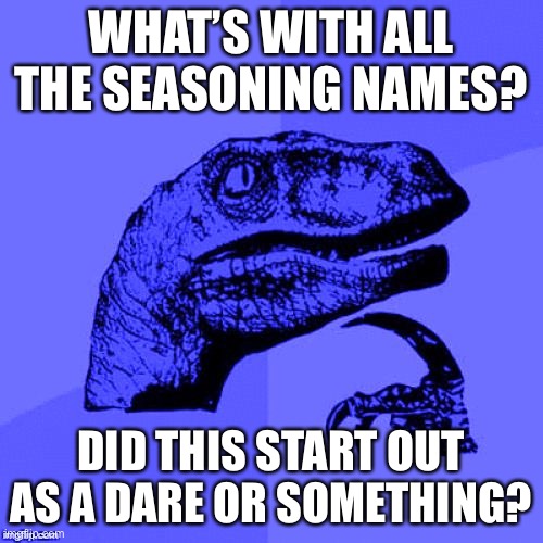 LOL | WHAT’S WITH ALL THE SEASONING NAMES? DID THIS START OUT AS A DARE OR SOMETHING? | image tagged in philosoraptor blue craziness,memes,funny,food,question,dare | made w/ Imgflip meme maker