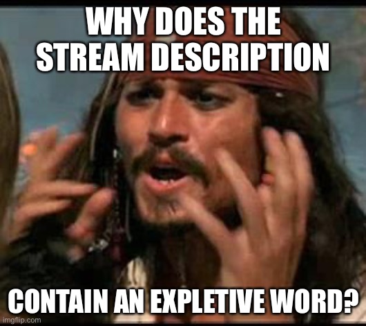 WHY? | WHY DOES THE STREAM DESCRIPTION; CONTAIN AN EXPLETIVE WORD? | image tagged in why is the rum gone,memes,funny,wtf,cussing | made w/ Imgflip meme maker