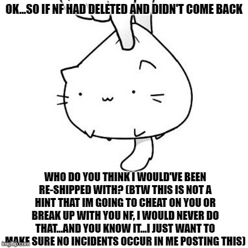 I honestly don't even know anymore....XD... | OK...SO IF NF HAD DELETED AND DIDN'T COME BACK; WHO DO YOU THINK I WOULD'VE BEEN RE-SHIPPED WITH? (BTW THIS IS NOT A HINT THAT IM GOING TO CHEAT ON YOU OR BREAK UP WITH YOU NF, I WOULD NEVER DO THAT...AND YOU KNOW IT...I JUST WANT TO MAKE SURE NO INCIDENTS OCCUR IN ME POSTING THIS) | image tagged in ships,deleted accounts,boredom,curiosity,idk,lol | made w/ Imgflip meme maker