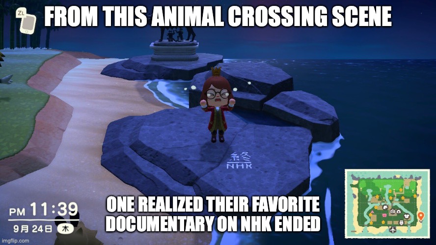 Crying Character on Animal Crossing | FROM THIS ANIMAL CROSSING SCENE; ONE REALIZED THEIR FAVORITE DOCUMENTARY ON NHK ENDED | image tagged in animal crossing,memes,gaming | made w/ Imgflip meme maker