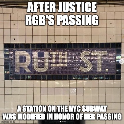 50th St Mosaic | AFTER JUSTICE RGB'S PASSING; A STATION ON THE NYC SUBWAY WAS MODIFIED IN HONOR OF HER PASSING | image tagged in subway,new york city,ruth bader ginsburg,memes | made w/ Imgflip meme maker