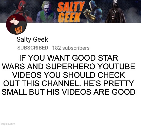Salty Geek | IF YOU WANT GOOD STAR WARS AND SUPERHERO YOUTUBE VIDEOS YOU SHOULD CHECK OUT THIS CHANNEL. HE’S PRETTY SMALL BUT HIS VIDEOS ARE GOOD | image tagged in blank white template | made w/ Imgflip meme maker