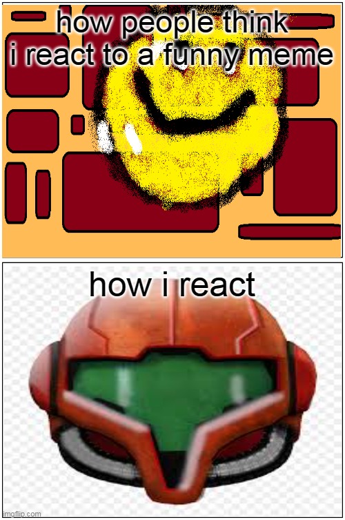 Blank Comic Panel 1x2 Meme | how people think i react to a funny meme; how i react | image tagged in memes,blank comic panel 1x2 | made w/ Imgflip meme maker