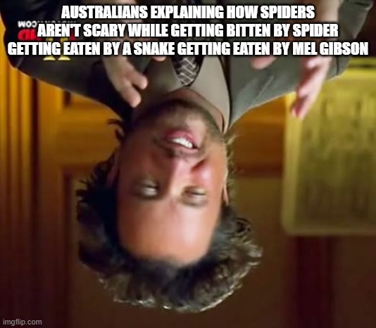 Ancient Aliens Meme | AUSTRALIANS EXPLAINING HOW SPIDERS AREN'T SCARY WHILE GETTING BITTEN BY SPIDER GETTING EATEN BY A SNAKE GETTING EATEN BY MEL GIBSON | image tagged in memes,ancient aliens | made w/ Imgflip meme maker