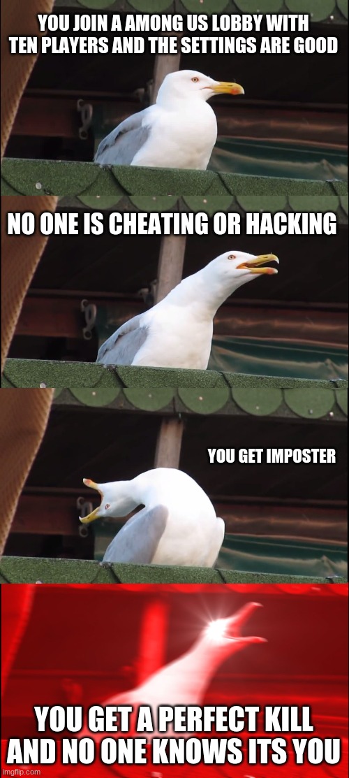 Inhaling Seagull Meme | YOU JOIN A AMONG US LOBBY WITH TEN PLAYERS AND THE SETTINGS ARE GOOD; NO ONE IS CHEATING OR HACKING; YOU GET IMPOSTER; YOU GET A PERFECT KILL AND NO ONE KNOWS ITS YOU | image tagged in memes,inhaling seagull | made w/ Imgflip meme maker