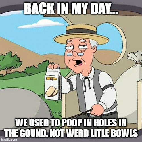 Pepperidge Farm Remembers | BACK IN MY DAY... WE USED TO POOP IN HOLES IN THE GOUND. NOT WERD LITLE BOWLS | image tagged in memes,pepperidge farm remembers | made w/ Imgflip meme maker