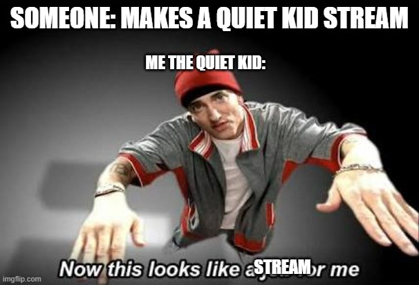 Now this looks like a job for me | ME THE QUIET KID:; SOMEONE: MAKES A QUIET KID STREAM; STREAM | image tagged in now this looks like a job for me | made w/ Imgflip meme maker