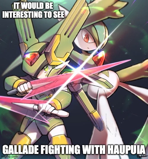 Haupuia and Gallade | IT WOULD BE INTERESTING TO SEE; GALLADE FIGHTING WITH HAUPUIA | image tagged in gallade,pokemon,haupuia,megaman zero,megaman,memes | made w/ Imgflip meme maker