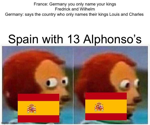 Found this somewhere | France: Germany you only name your kings Fredrick and Wilhelm
Germany: says the country who only names their kings Louis and Charles; Spain with 13 Alphonso’s | image tagged in memes,monkey puppet | made w/ Imgflip meme maker