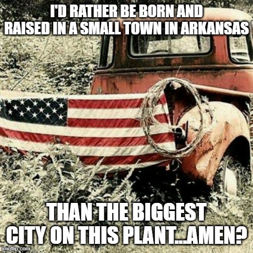 country | I'D RATHER BE BORN AND RAISED IN A SMALL TOWN IN ARKANSAS; THAN THE BIGGEST CITY ON THIS PLANT...AMEN? | image tagged in country truck | made w/ Imgflip meme maker