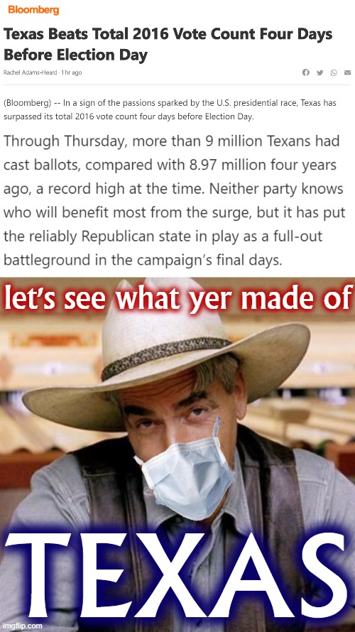 Texans are either turning out in droves to support fascism and Covid or to put a lid on both. The world's watching. We'll see. | let's see what yer made of; TEXAS | image tagged in sarcasm cowboy with face mask,texas,election 2020,2020 elections,election,sam elliott | made w/ Imgflip meme maker