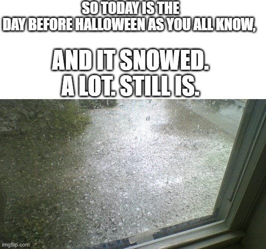 And I live in southern New England | SO TODAY IS THE DAY BEFORE HALLOWEEN AS YOU ALL KNOW, AND IT SNOWED. A LOT. STILL IS. | image tagged in blank white template,snow,early snow | made w/ Imgflip meme maker