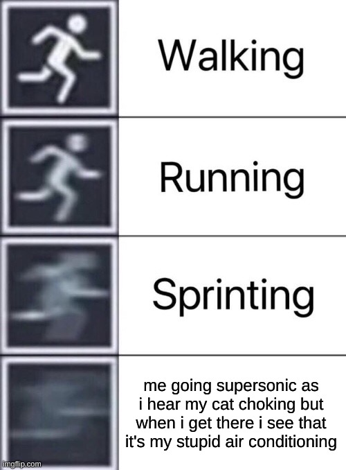 Walking, Running, Sprinting | me going supersonic as i hear my cat choking but when i get there i see that it's my stupid air conditioning | image tagged in walking running sprinting | made w/ Imgflip meme maker