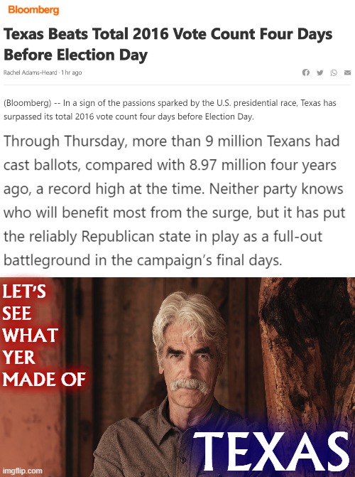 Something big is happening in Texas. No one knows quite what it is yet, but we do know this: The world is watching. | LET'S SEE WHAT YER MADE OF; TEXAS | image tagged in sam elliott the ranch 2,texas,election 2020,2020 elections,election | made w/ Imgflip meme maker