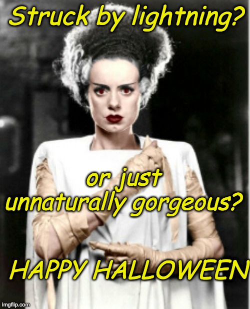 Frightfully gorgeous |  Struck by lightning? or just unnaturally gorgeous? HAPPY HALLOWEEN | image tagged in monster beauty,halloween,frankenstein,spooktober | made w/ Imgflip meme maker