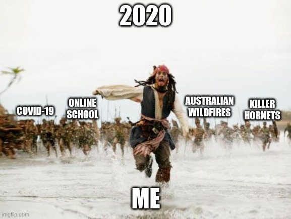Jack Sparrow Being Chased | 2020; AUSTRALIAN WILDFIRES; ONLINE SCHOOL; KILLER HORNETS; COVID-19; ME | image tagged in memes,jack sparrow being chased | made w/ Imgflip meme maker