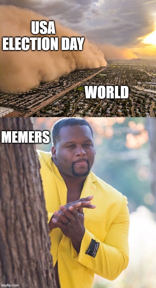 Election day | USA ELECTION DAY; WORLD; MEMERS | image tagged in black guy hiding behind tree | made w/ Imgflip meme maker