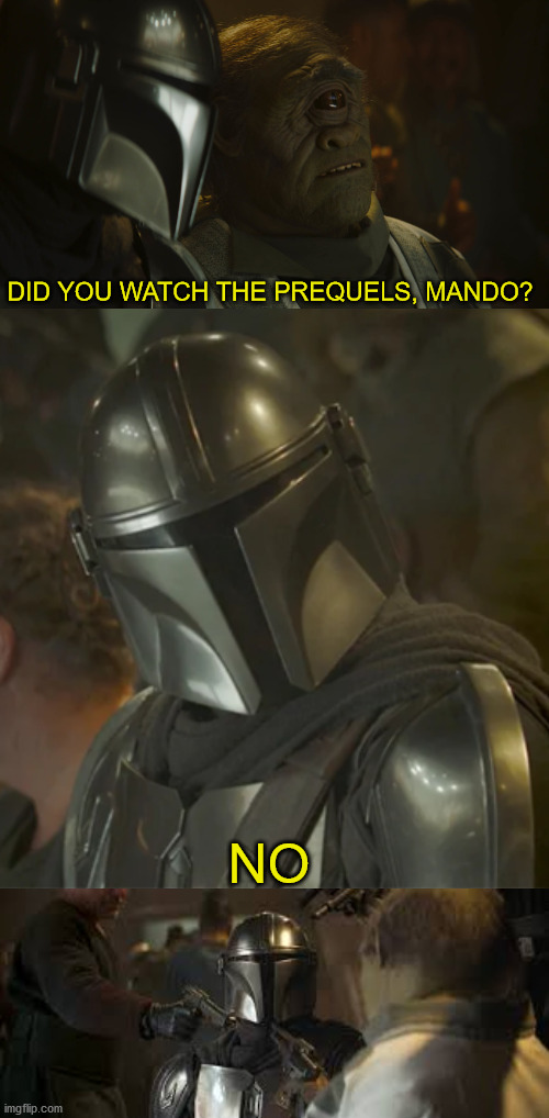 DID YOU WATCH THE PREQUELS, MANDO? NO | image tagged in memes,funny,star wars,star wars prequels,the mandalorian,disney plus | made w/ Imgflip meme maker