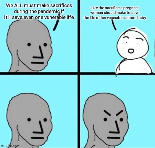 NPC Meme | Like the sacrifice a pregnant woman should make to save the life of her vunerable unborn baby; We ALL must make sacrifices during the pandemic if it'll save even one vunerable life | image tagged in npc meme | made w/ Imgflip meme maker