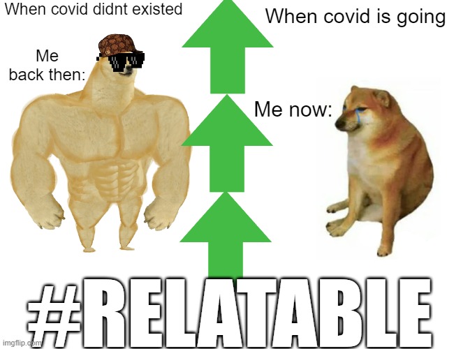 Me then vs Me now with covid-19 around | When covid didnt existed; When covid is going; Me back then:; Me now:; #RELATABLE | image tagged in memes,buff doge vs cheems,covid-19,then vs now | made w/ Imgflip meme maker