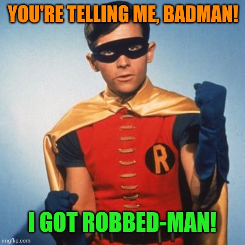Robin | YOU'RE TELLING ME, BADMAN! I GOT ROBBED-MAN! | image tagged in robin | made w/ Imgflip meme maker