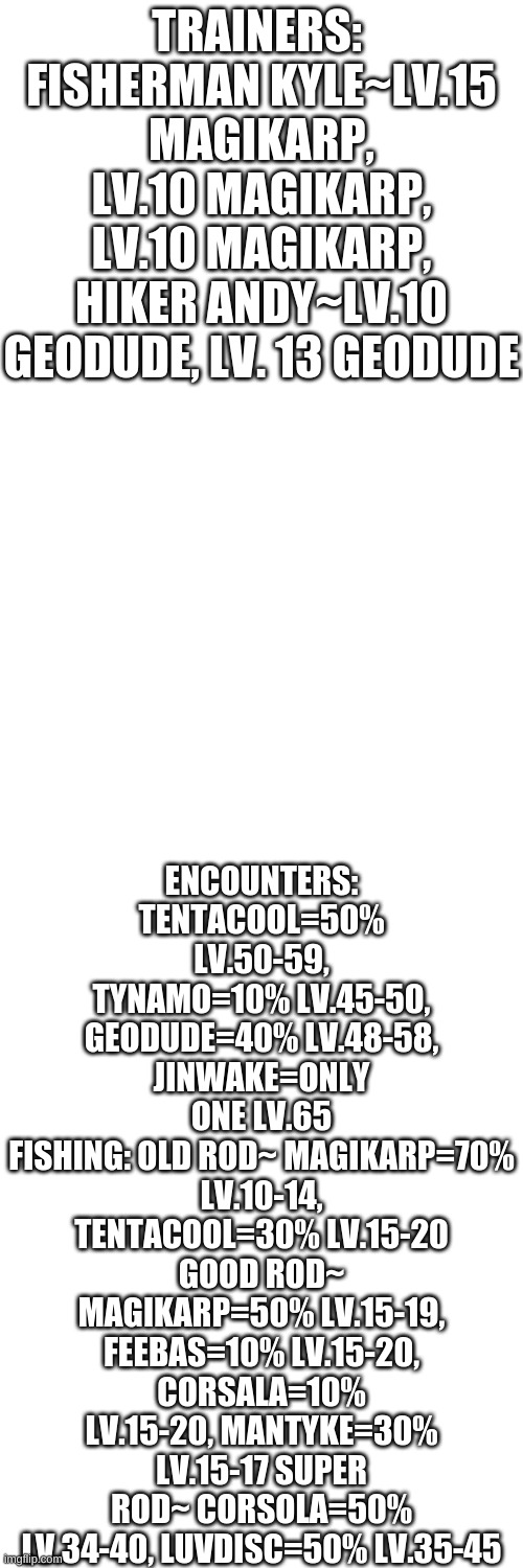 Layout of Waterfall cliff | ENCOUNTERS: TENTACOOL=50% LV.50-59, TYNAMO=10% LV.45-50, GEODUDE=40% LV.48-58, JINWAKE=ONLY ONE LV.65
FISHING: OLD ROD~ MAGIKARP=70% LV.10-14, TENTACOOL=30% LV.15-20 GOOD ROD~ MAGIKARP=50% LV.15-19, FEEBAS=10% LV.15-20, CORSALA=10% LV.15-20, MANTYKE=30% LV.15-17 SUPER ROD~ CORSOLA=50% LV.34-40, LUVDISC=50% LV.35-45; TRAINERS: 
FISHERMAN KYLE~LV.15 MAGIKARP, LV.10 MAGIKARP, LV.10 MAGIKARP, HIKER ANDY~LV.10 GEODUDE, LV. 13 GEODUDE | image tagged in blank white template,legendary,holly's design | made w/ Imgflip meme maker