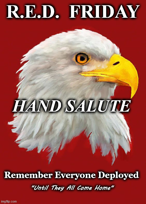 Eagle | R.E.D.  FRIDAY; HAND SALUTE; Remember Everyone Deployed; "Until They All Come Home" | image tagged in eagle | made w/ Imgflip meme maker