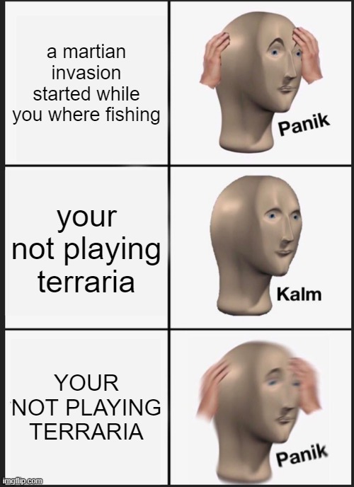 Panik Kalm Panik | a martian invasion started while you where fishing; your not playing terraria; YOUR NOT PLAYING TERRARIA | image tagged in terraria | made w/ Imgflip meme maker