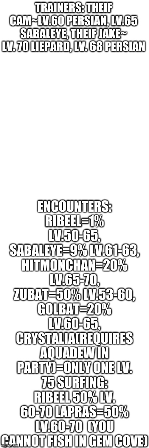 Layout of Gem Cove | ENCOUNTERS: RIBEEL=1% LV.50-65, SABALEYE=9% LV.61-63, HITMONCHAN=20% LV.65-70, ZUBAT=50% LV.53-60, GOLBAT=20% LV.60-65, CRYSTALIA(REQUIRES AQUADEW IN PARTY)=ONLY ONE LV. 75 SURFING: RIBEEL 50% LV. 60-70 LAPRAS=50% LV.60-70  (YOU CANNOT FISH IN GEM COVE); TRAINERS: THEIF CAM~LV.60 PERSIAN, LV.65 SABALEYE, THEIF JAKE~ LV. 70 LIEPARD, LV. 68 PERSIAN | image tagged in blank white template,legendary,holly's design | made w/ Imgflip meme maker
