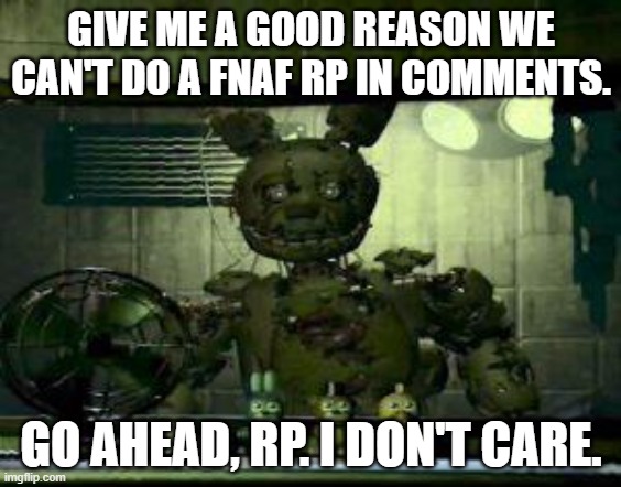 FNAF Springtrap in window |  GIVE ME A GOOD REASON WE CAN'T DO A FNAF RP IN COMMENTS. GO AHEAD, RP. I DON'T CARE. | image tagged in fnaf springtrap in window,fnaf,roleplaying | made w/ Imgflip meme maker