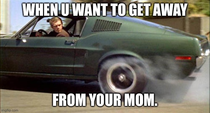 Getting away from your mom. | WHEN U WANT TO GET AWAY; FROM YOUR MOM. | image tagged in bullitt burnout,ford mustang | made w/ Imgflip meme maker