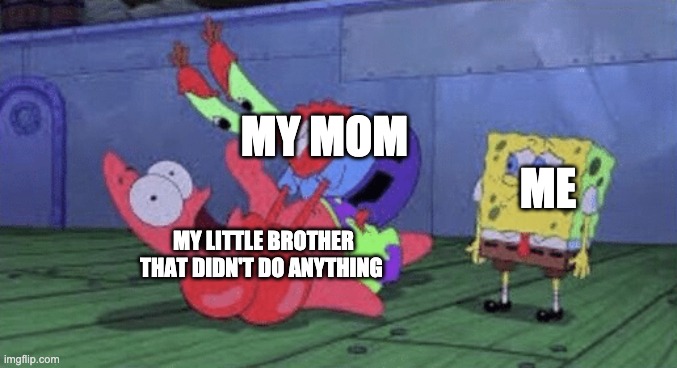 Mr. Krabs Choking Patrick | MY MOM; ME; MY LITTLE BROTHER THAT DIDN'T DO ANYTHING | image tagged in mr krabs choking patrick | made w/ Imgflip meme maker