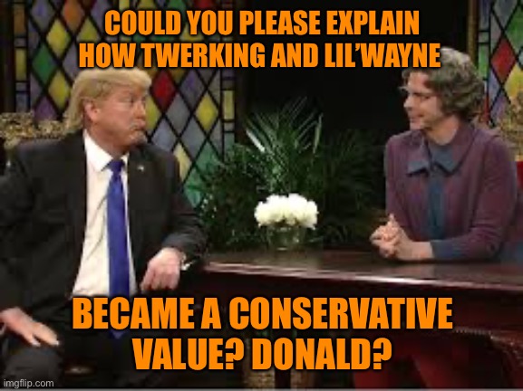 COULD YOU PLEASE EXPLAIN HOW TWERKING AND LIL’WAYNE BECAME A CONSERVATIVE VALUE? DONALD? | made w/ Imgflip meme maker