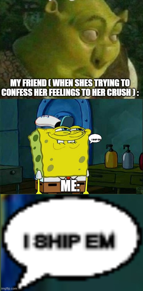 MY FRIEND ( WHEN SHES TRYING TO CONFESS HER FEELINGS TO HER CRUSH ) :; I SHIP EM; ME: | image tagged in memes,don't you squidward | made w/ Imgflip meme maker