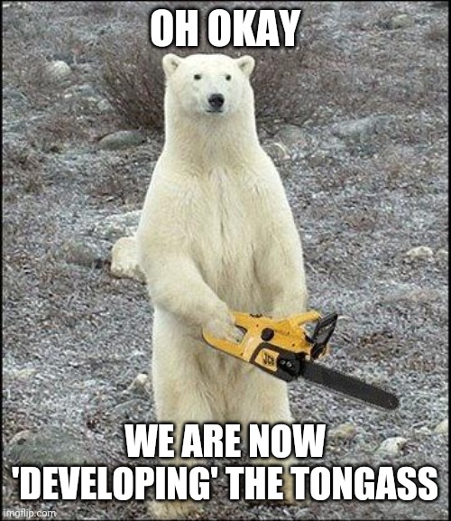 chainsaw polar bear | OH OKAY WE ARE NOW 'DEVELOPING' THE TONGASS | image tagged in chainsaw polar bear | made w/ Imgflip meme maker