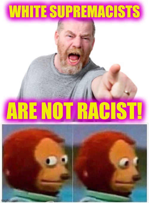 WHITE SUPREMACISTS; ARE NOT RACIST! | image tagged in angry white male yelling,white supremacy,white nationalism,white power,antifa,domestic violence | made w/ Imgflip meme maker