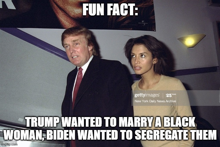 Thanks to RedBarron1 for the idea | FUN FACT:; TRUMP WANTED TO MARRY A BLACK WOMAN, BIDEN WANTED TO SEGREGATE THEM | image tagged in politics,donald trump,memes,fun | made w/ Imgflip meme maker