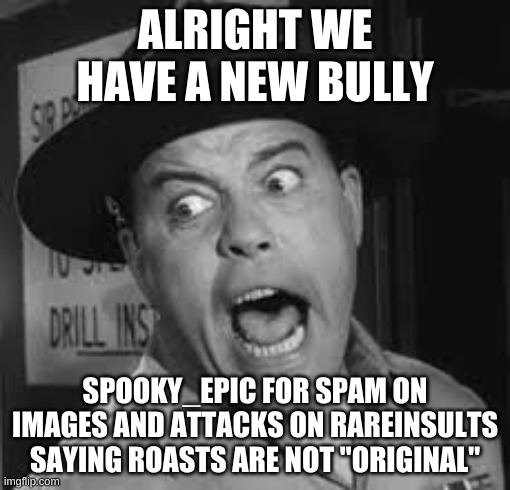 Please help end this bully. | ALRIGHT WE HAVE A NEW BULLY; SPOOKY_EPIC FOR SPAM ON IMAGES AND ATTACKS ON RAREINSULTS SAYING ROASTS ARE NOT "ORIGINAL" | image tagged in sgt carter yelling | made w/ Imgflip meme maker