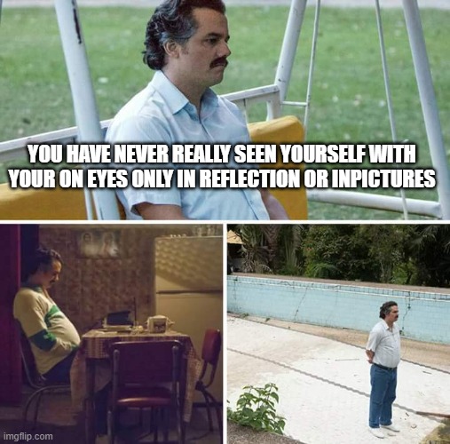 Sad Pablo Escobar | YOU HAVE NEVER REALLY SEEN YOURSELF WITH YOUR ON EYES ONLY IN REFLECTION OR INPICTURES | image tagged in deep thoughts | made w/ Imgflip meme maker